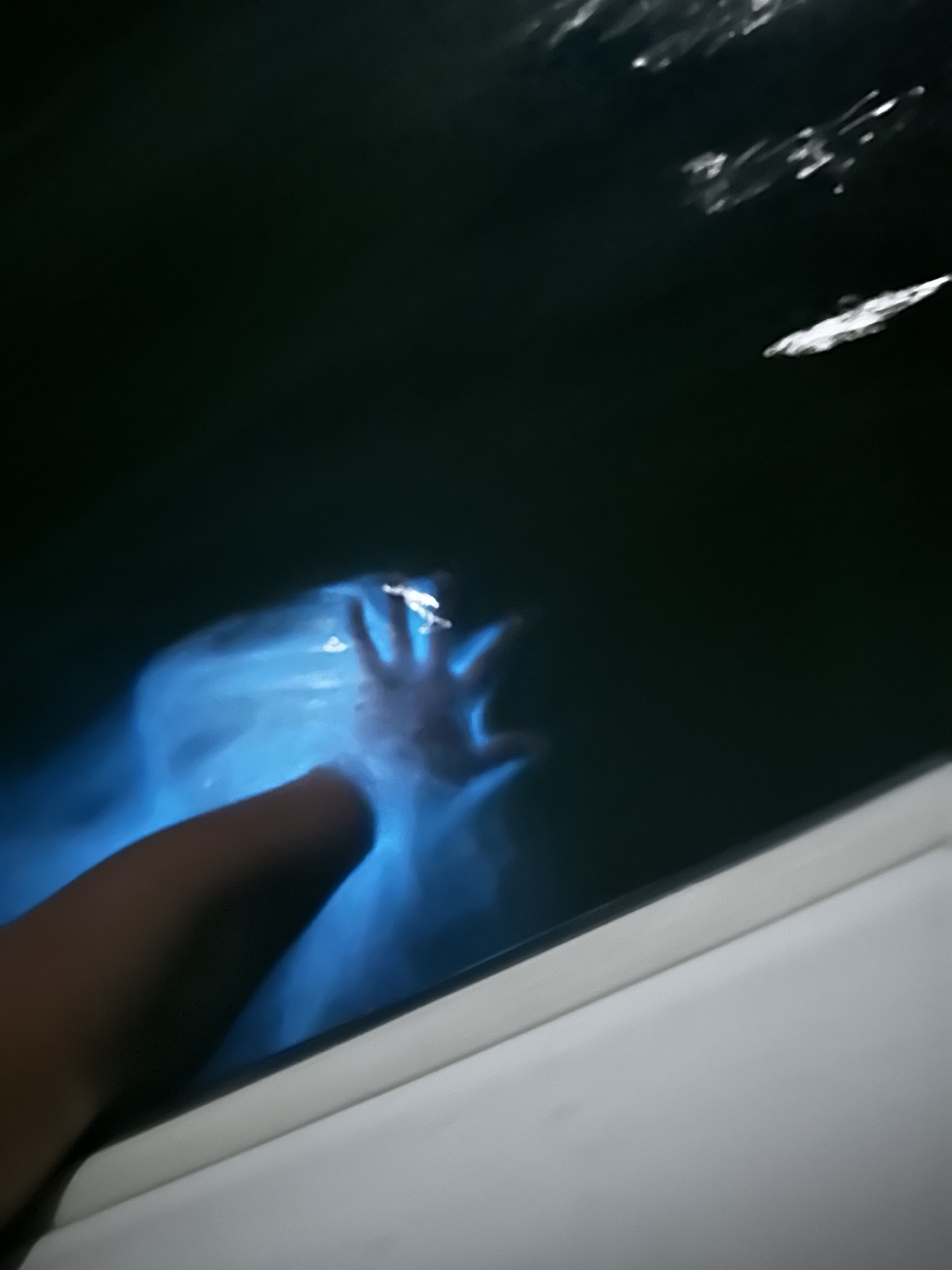 Hand trailing through blue bioluminescent glow in the dark water of the Indian River Lagoon near Cocoa Beach