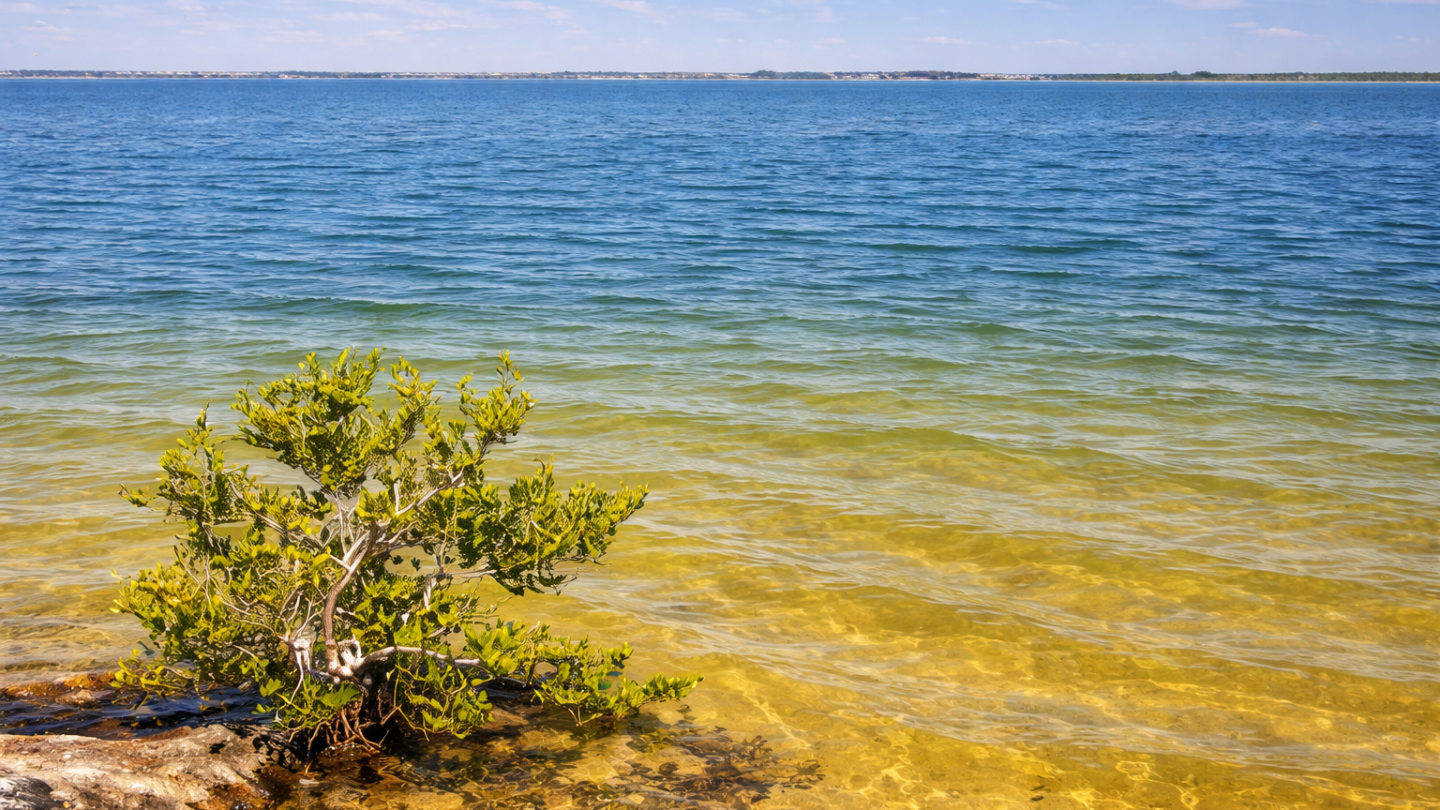 Small green plant on rocky shore with clear blue water and sky.