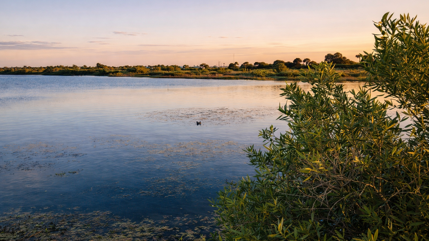 Lake at sunset with bushes in the foreground and distant trees on the horizon.